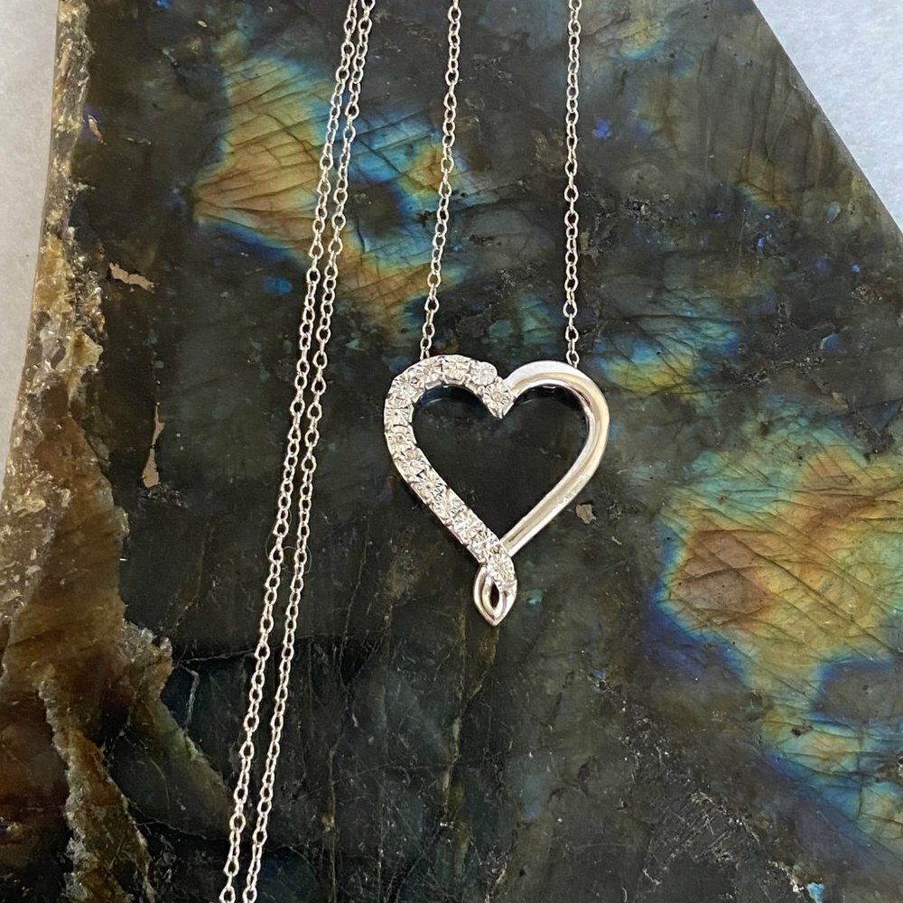 Sterling Silver 925 DJC Diamond Twisted Open Heart Pendant Necklace 18" Chain